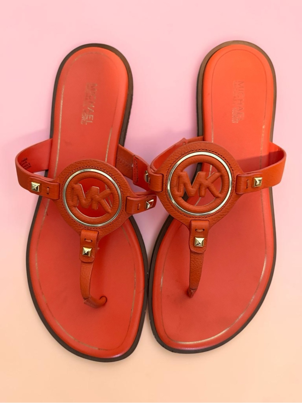 Michael Kors Coral Orange MK Logo T-Strap Sandals